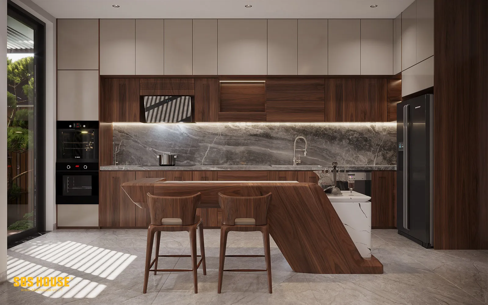 Gỗ tự nhiên với sắc độ trầm ấm giúp cân bằng ánh sáng và tạo chiều sâu cho không gian