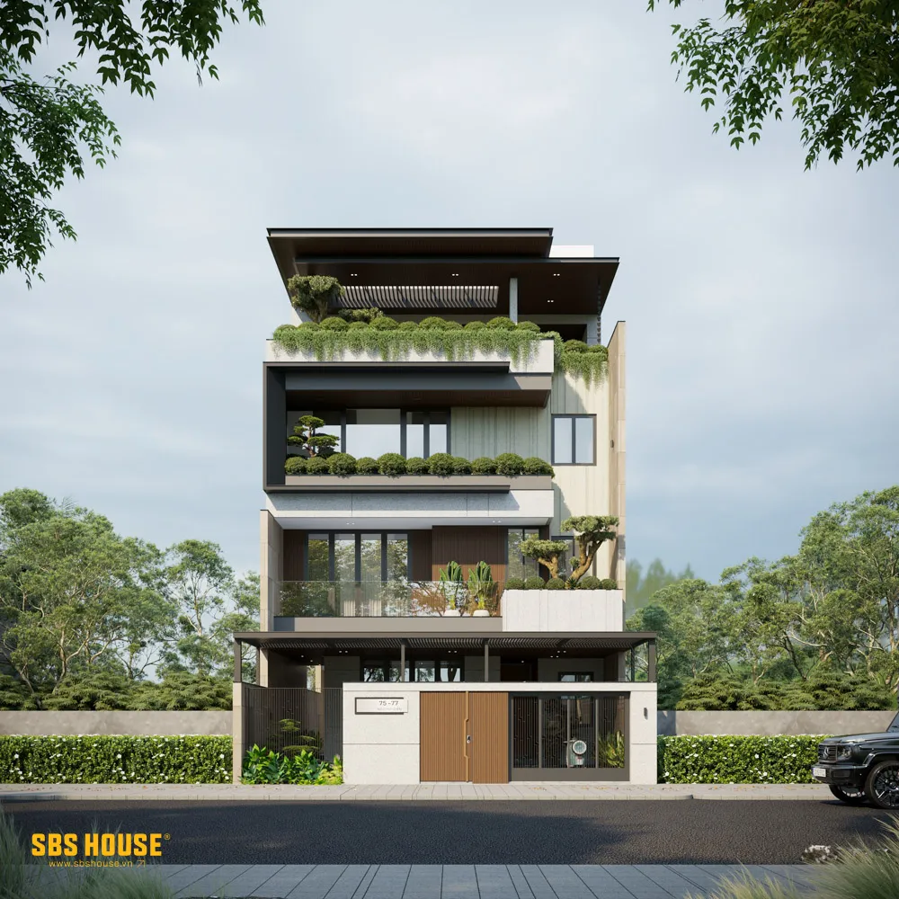 Các ban công lớn, mái đua sâu và khoảng lùi được xử lý có chủ đích để tăng độ thoáng và giảm cảm giác nặng khối.