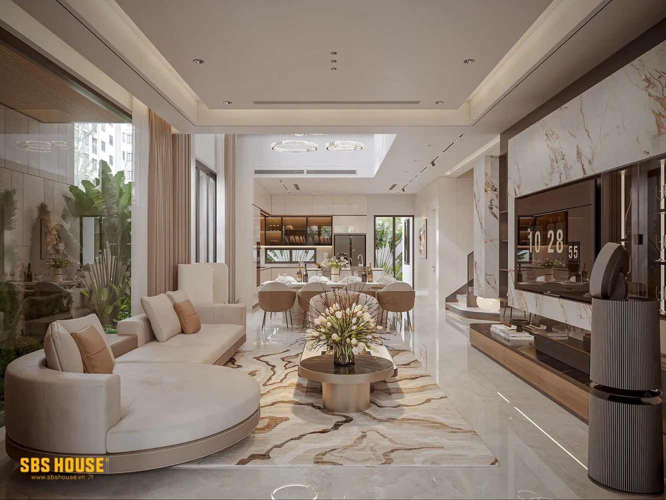 Đá khổ lớn tông sáng được sử dụng ở các khu vực sinh hoạt chung để mở rộng cảm giác không gian, tăng độ phản sáng và giữ cho tổng thể luôn sạch, sang và thanh thoát. 