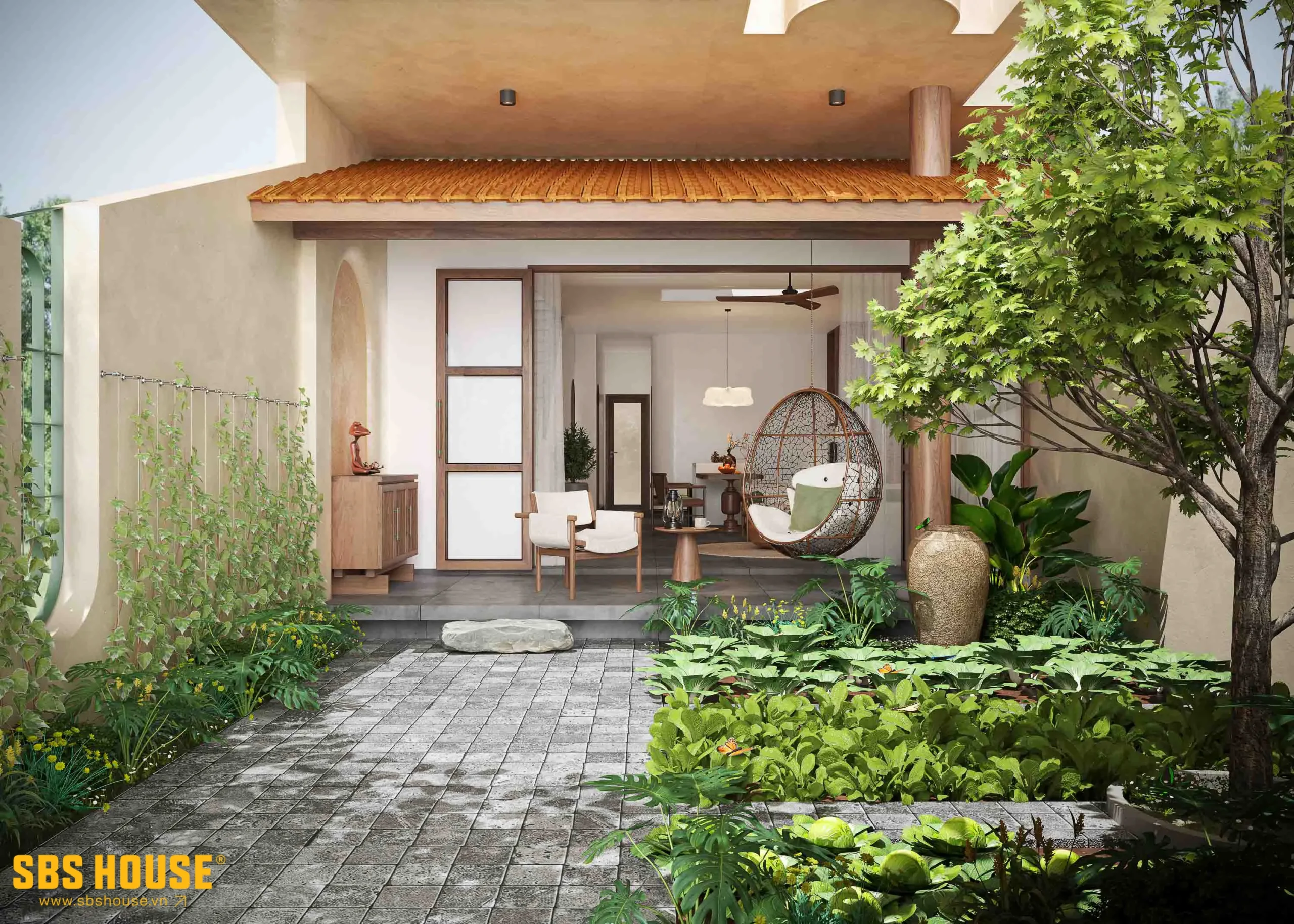 Phần hiên ở sân trước, cũng như sân thượng hơn ở tầng 2 đều là những khoảng sân rộng với mái ngói, vừa có tác dụng giảm nắng hướng Tây Nam vào nhà, vừa tạo cảm giác gần gũi, thân thuộc như nhà cũ ở quê nhà. Một khoảng sân trồng rau ở sân trước để ông bà chăm bón, thư giãn mỗi ngày.
