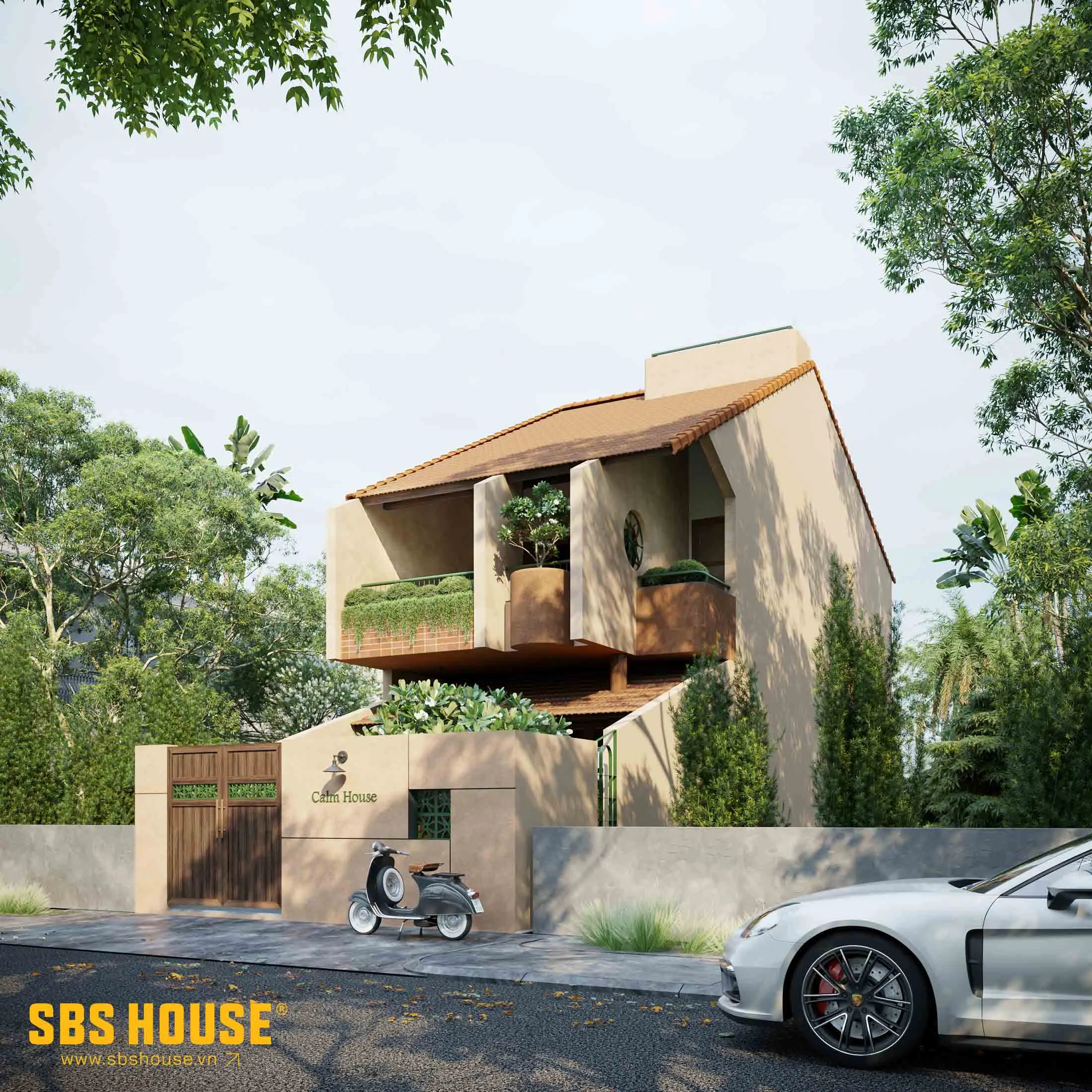 CalmHouse được thiết kế với kiến trúc mái ngói truyền thống, kết hợp với tone màu be và nâu, tạo cảm giác mộc mạc với hình ảnh quê hương.