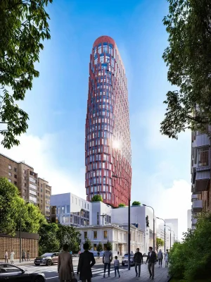 Tháp rạp chiếu phim trung tâm Moscow nhìn từ xa