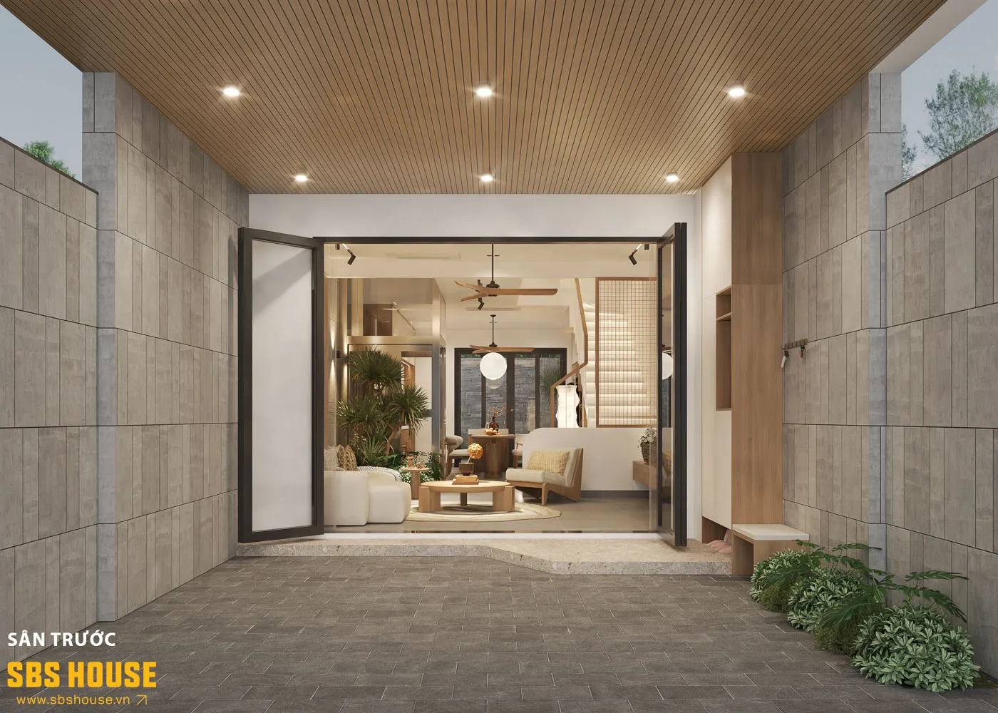 Sân trước tạo khoảng lùi tinh tế, giúp ngôi nhà thoát khỏi ồn ào của phố thị.