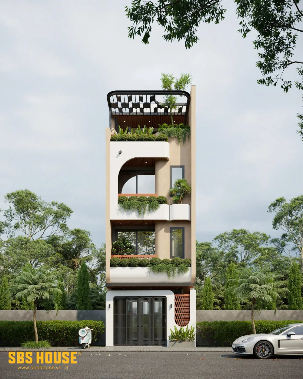 Mặt tiền K’s House mang tinh thần hiện đại, tối giản nhưng vẫn mềm mại nhờ các đường cong kiến trúc tinh tế. 