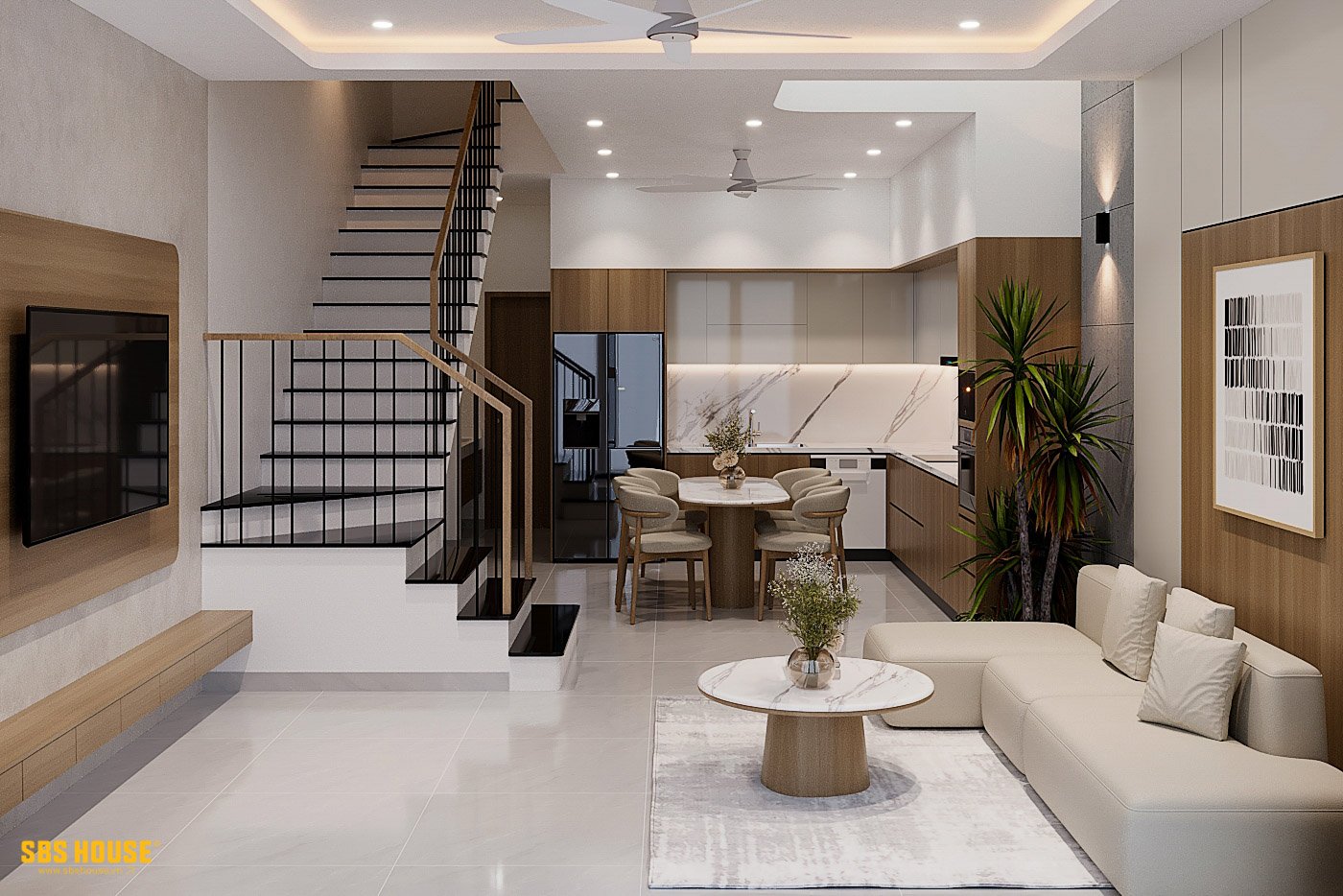 Phòng khách, bếp và khu vực bàn ăn được kết nối liền mạch, giúp tối ưu diện tích sử dụng, tăng khả năng lưu thông ánh sáng và không khí tự nhiên.