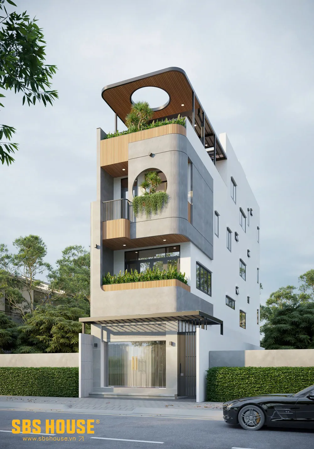 Mặt tiền H’s House được xử lý bằng hình khối hiện đại, tối giản nhưng vẫn tạo chiều sâu nhờ sự kết hợp giữa sơn hiệu ứng bê tông, gỗ conwood và cây xanh. 