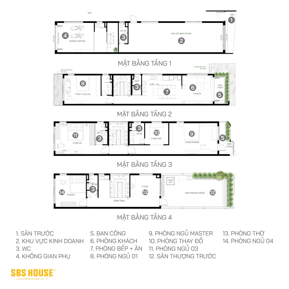 Công năng H’s House được tổ chức theo chiều đứng, phù hợp với đặc điểm nhà phố hẹp ngang và sâu về sau.