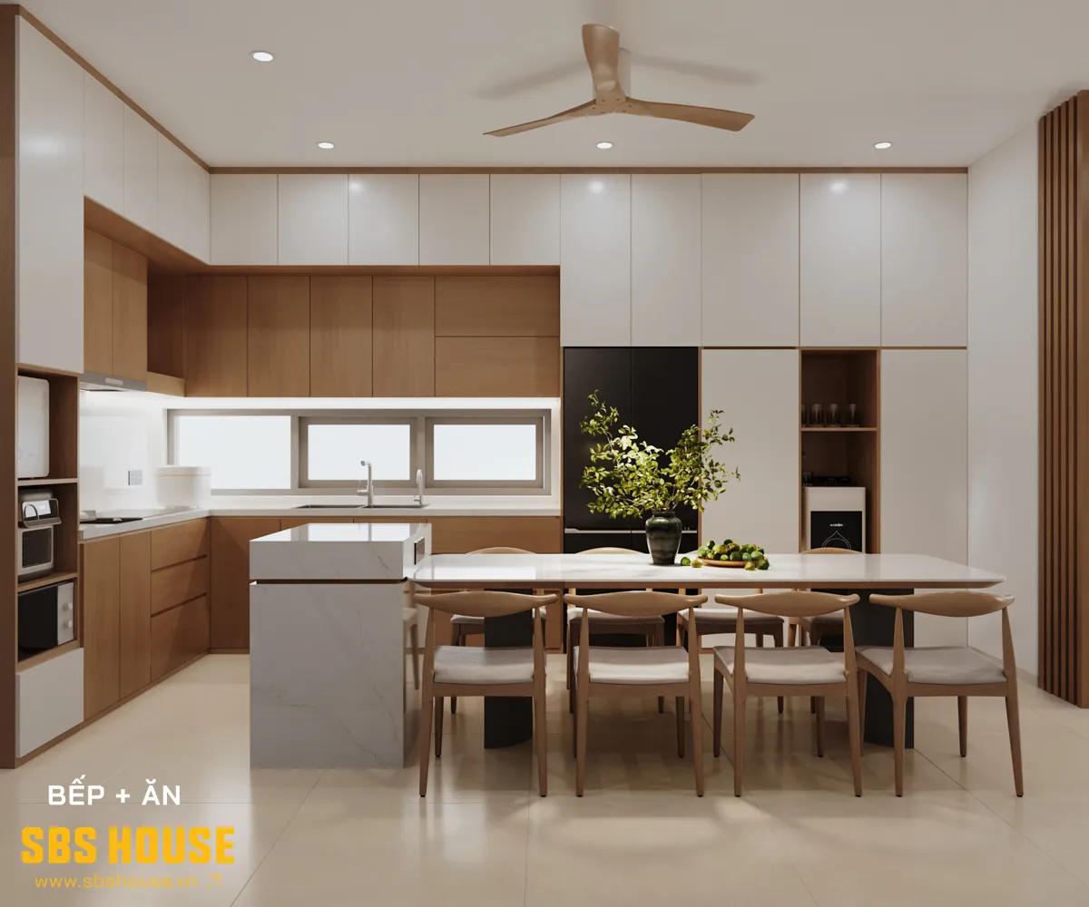 Nội thất gỗ trung tính mang lại cảm giác ấm áp, nhẹ nhàng và cân bằng với tinh thần hiện đại tối giản của công trình. 