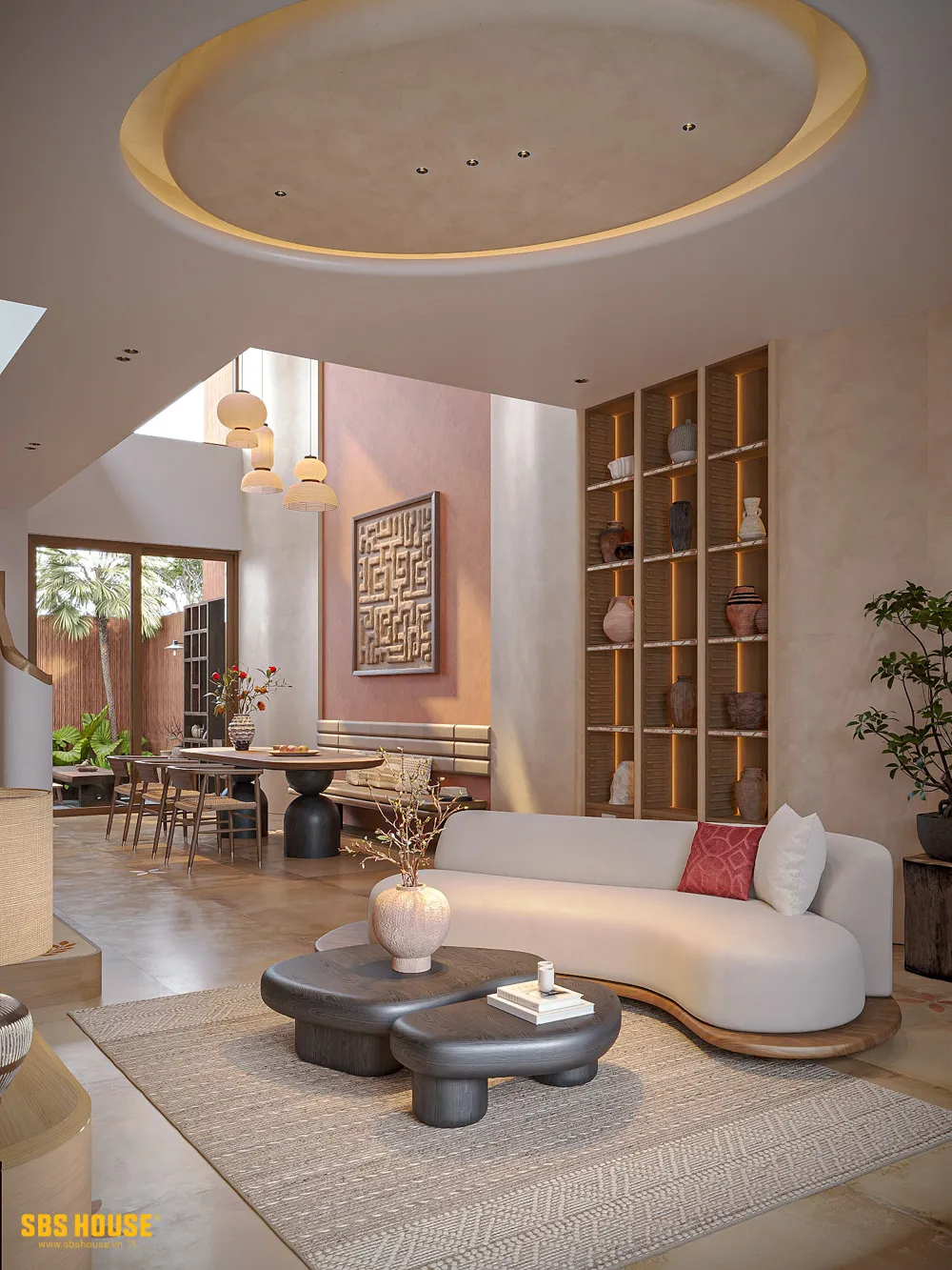 Sự kết hợp giữa vật liệu tự nhiên và mảng xanh giúp Gốm House giữ được tinh thần truyền thống trong một không gian hiện đại. 