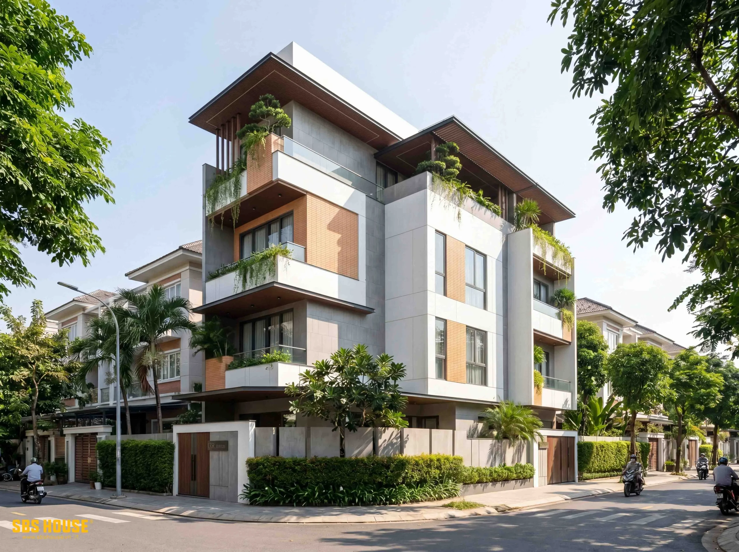 Lợi thế lô góc hai mặt tiền được khai thác thông qua cách tổ chức khối tích mạch lạc, giúp công trình sở hữu diện mạo bề thế và nổi bật khi nhìn từ nhiều hướng tiếp cận.