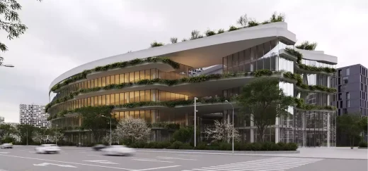 Modern office building rendering curved corner facade