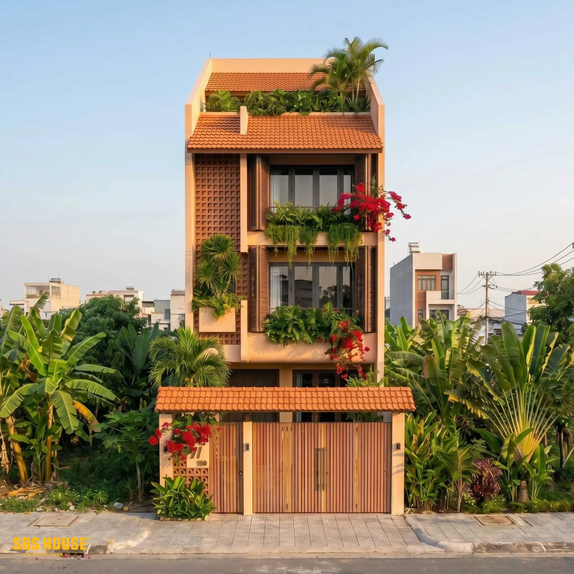 Thiết kế mặt tiền hiện đại pha nét truyền thống của mái ngói đỏ và hệ lam gỗ chắn nắng tối ưu