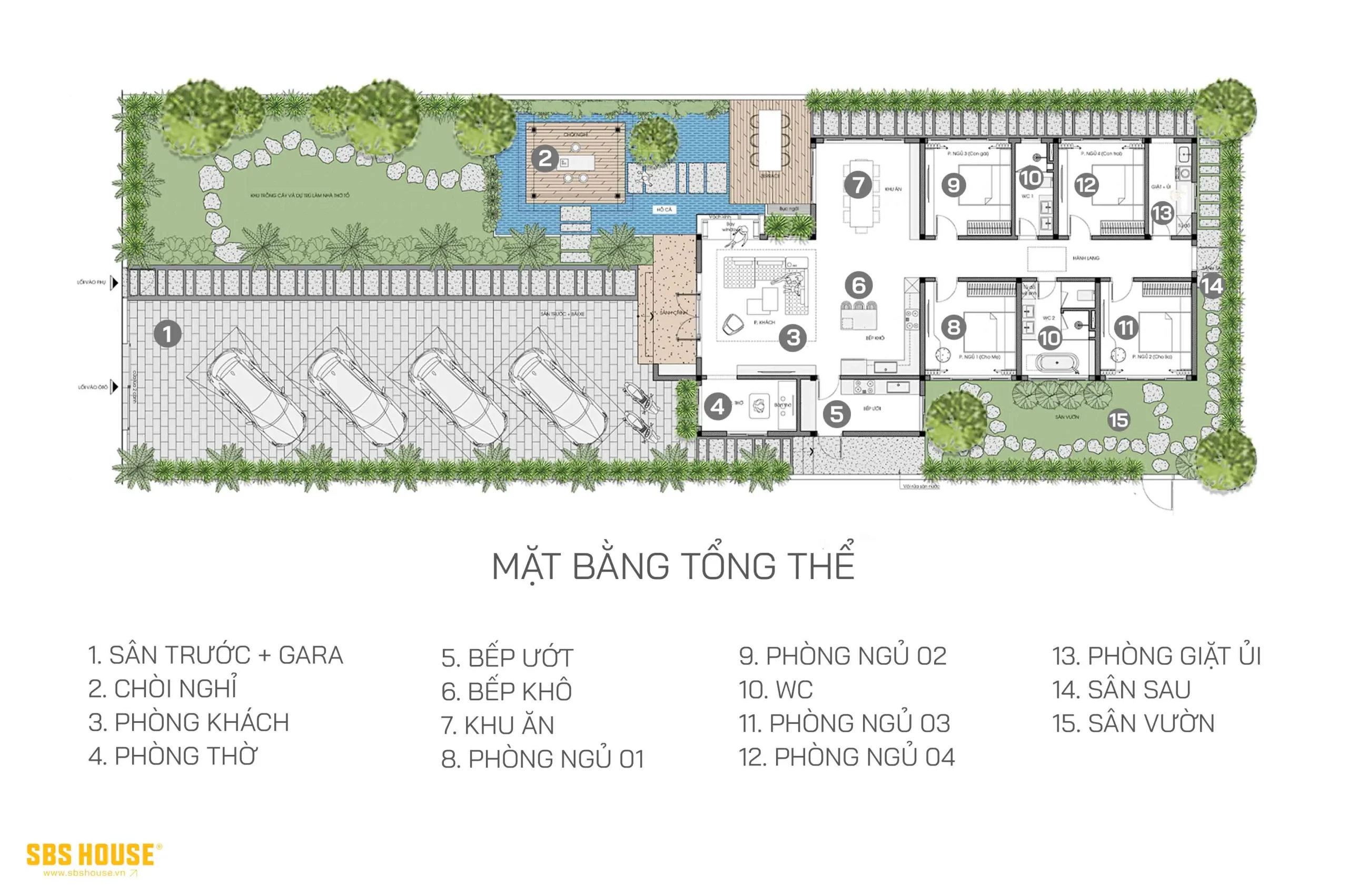 Mặt bằng một tầng giúp rút ngắn giao thông nội bộ, đưa các khu vực sinh hoạt về cùng một cao độ và tăng khả năng tiếp cận sân vườn từ nhiều không gian. 