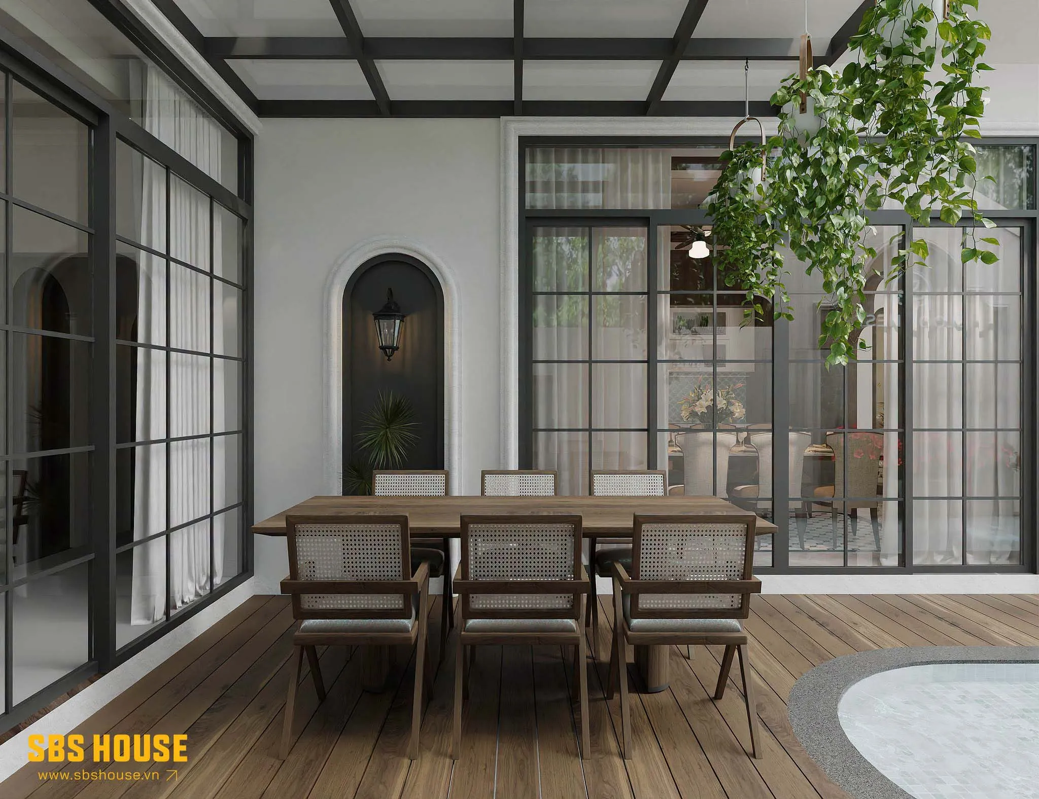 Cây xanh xuất hiện từ sân vườn đến ban công, tạo thành nhiều lớp đệm giúp công trình gần gũi hơn với môi trường xung quanh. 
