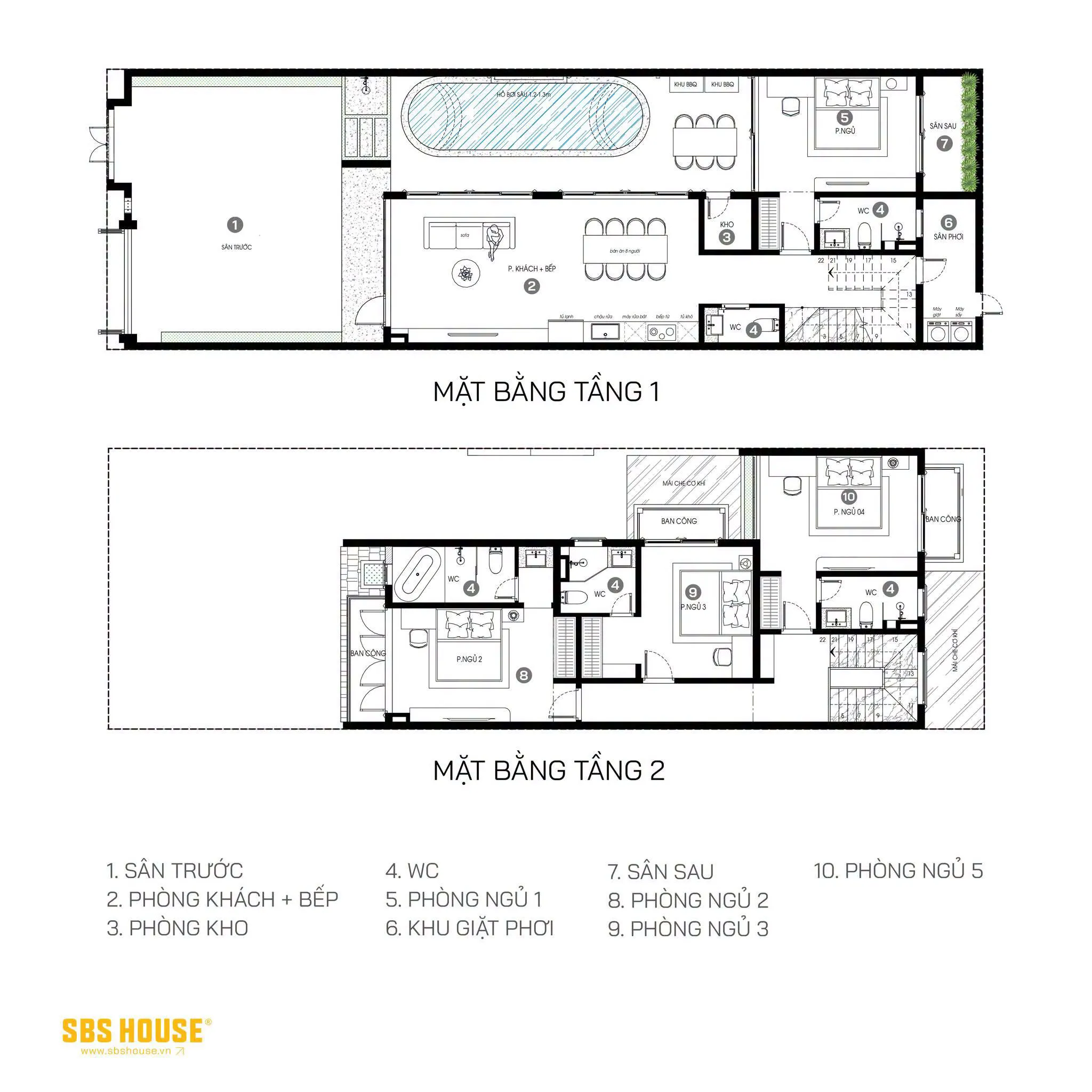 Mặt bằng N’s House được tổ chức theo hướng dành diện tích cho sân vườn, hồ bơi và các khoảng đệm, giúp tăng số mặt tiếp xúc với ánh sáng và gió tự nhiên. 