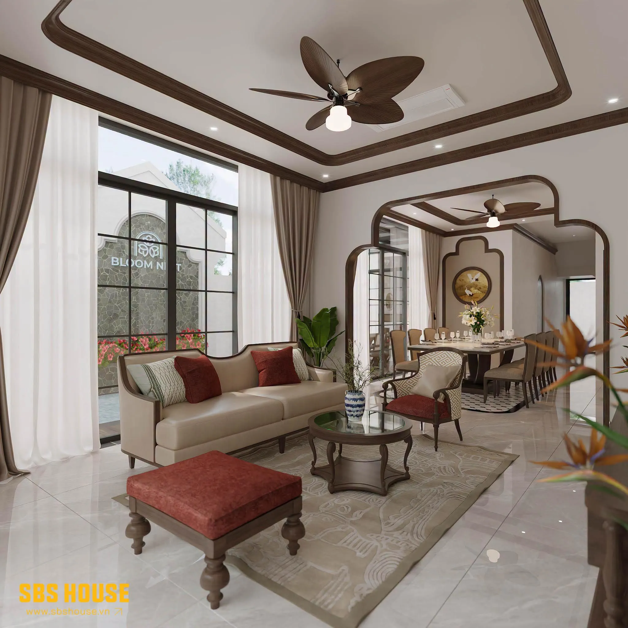 Nền trắng - be được kết hợp cùng gỗ nâu trầm, tạo nên bảng màu đặc trưng của Indochine nhưng vẫn giữ cảm giác sáng và thanh thoát. 