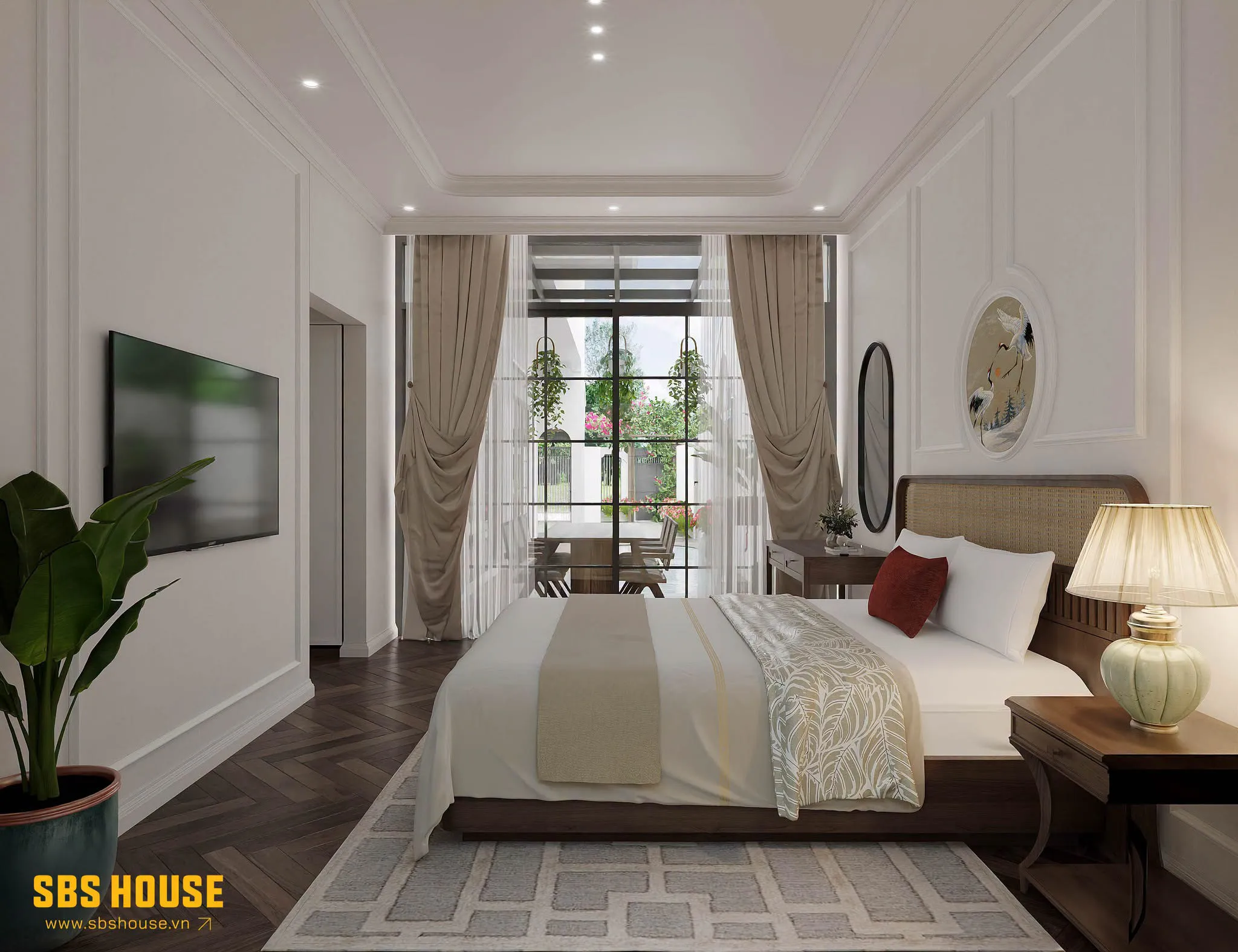 Các đường cong từ kiến trúc tiếp tục được lặp lại trong khung cửa, gương và chi tiết trang trí, tạo sự thống nhất giữa ngoại thất và nội thất. 