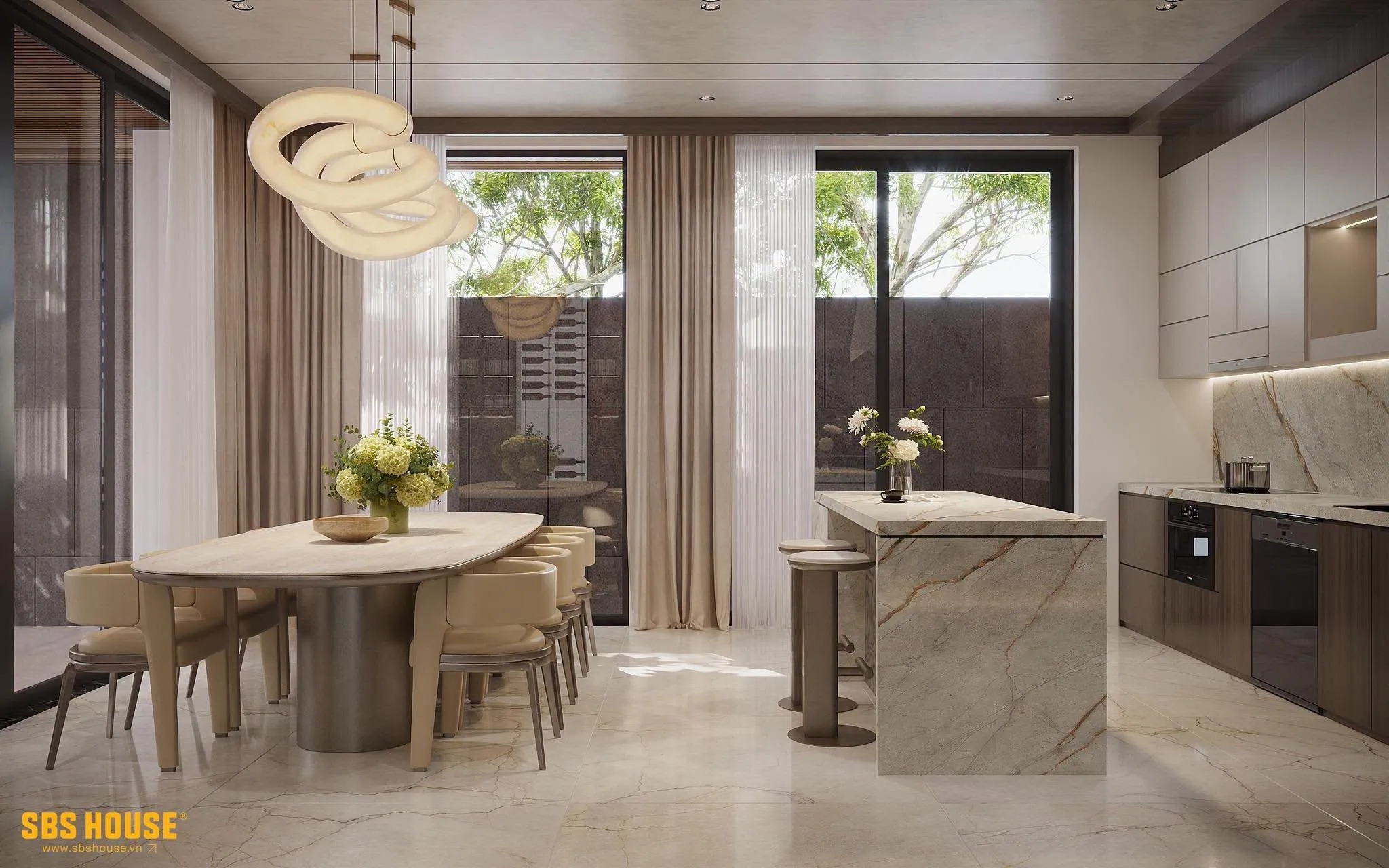 Nội thất Sunny Villa sử dụng bảng màu trung tính, vật liệu sang trọng và ánh sáng được tiết chế để tạo nên không gian tinh tế.