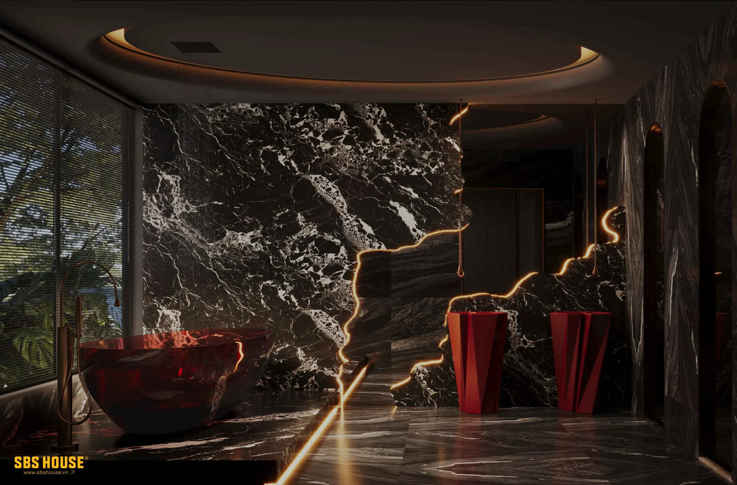 Đá Marble tự nhiên kết hợp chất liệu nhung mang đến tổng thể nội thất sang trọng, đẳng cấp