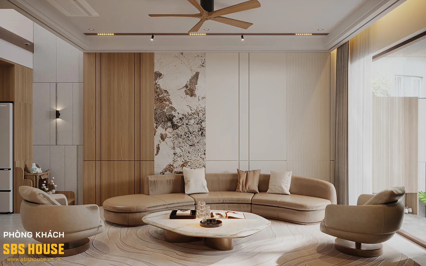 Không gian nội thất V’s Villa sử dụng bảng màu trắng - be - gỗ tạo cảm giác sang trọng và ấm cúng.