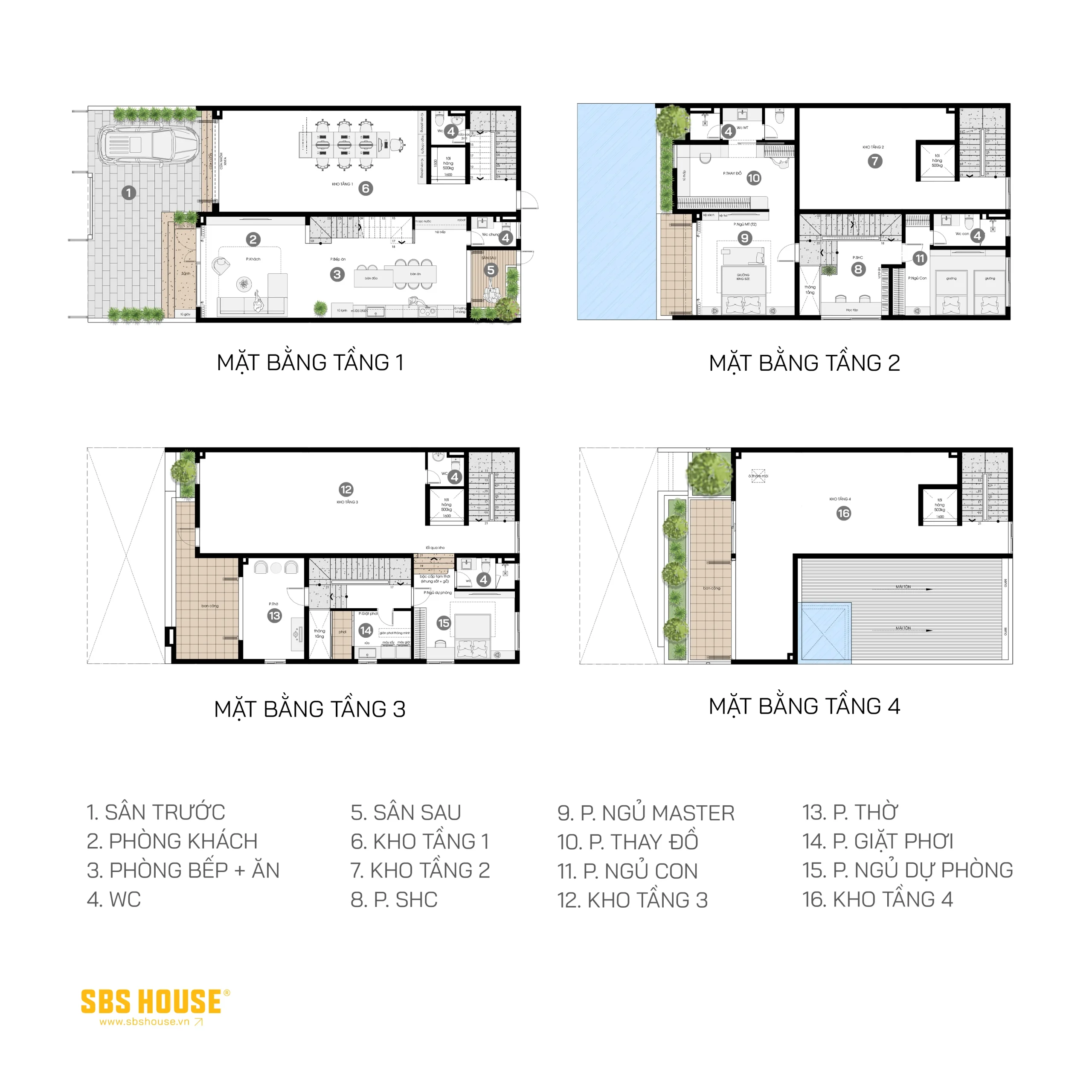 Mặt bằng V’s Villa 4 tầng được phân bổ công năng rõ ràng, tối ưu sinh hoạt và lưu trữ.