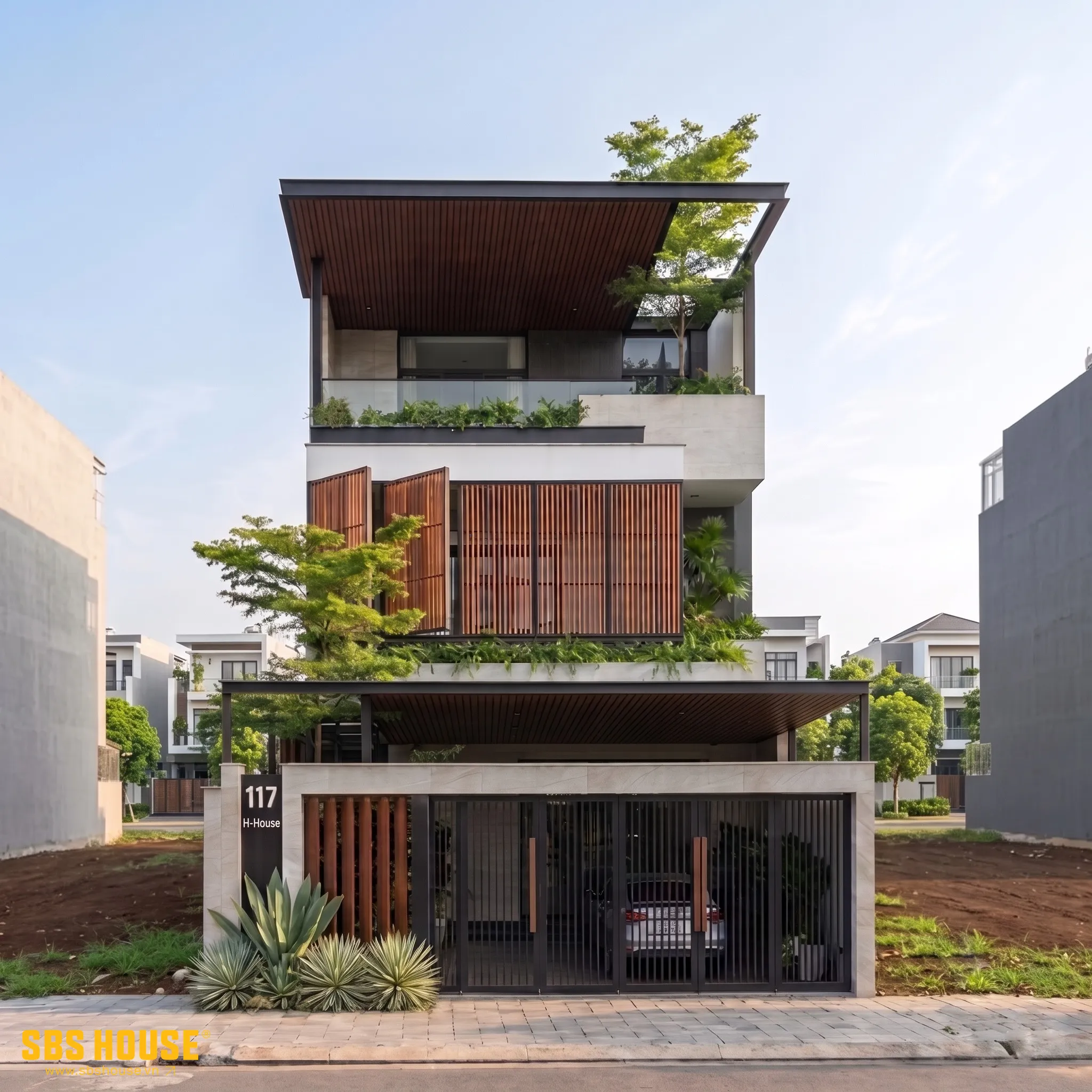 Mặt tiền H's Villa kết hợp hình khối hiện đại, ban công lùi, lam gỗ chắn nắng và cây xanh.